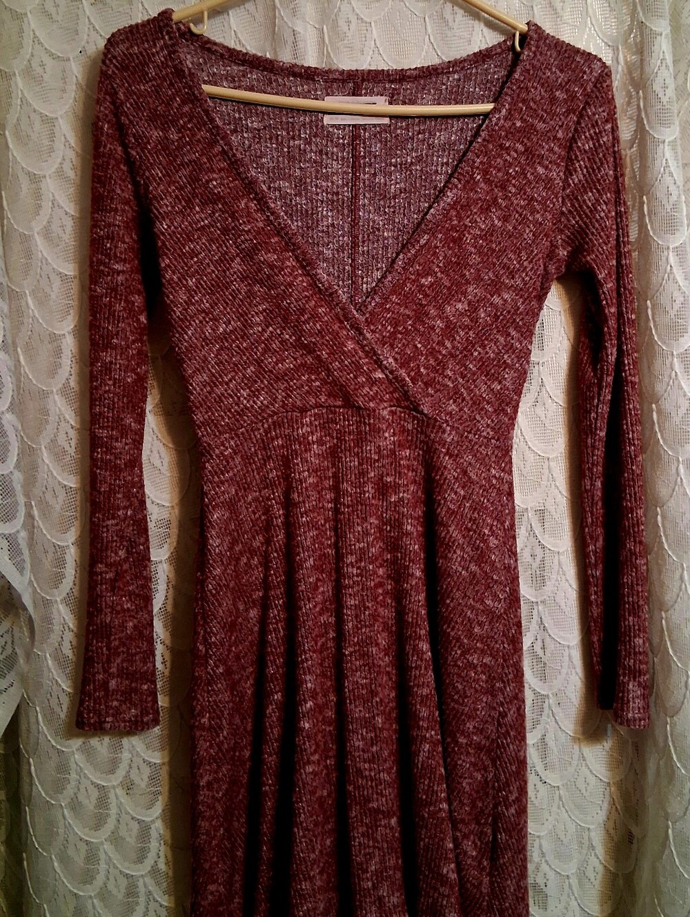 Knit Long-Sleeve V-Neck Wrap Midi Dress - Burgundy